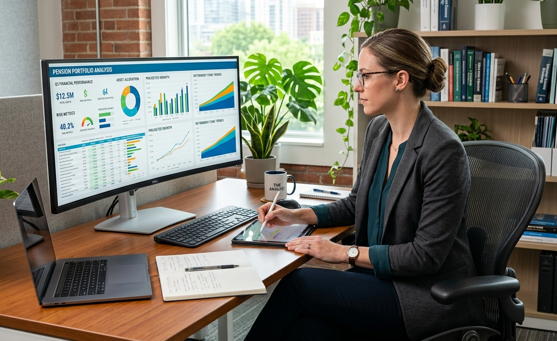 Professionista che analizza grafici e tabelle previdenziali al computer