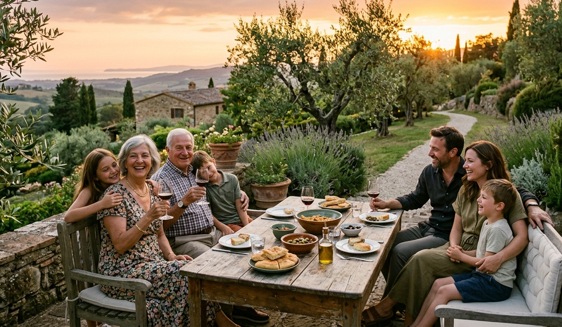 Famiglia serena in giardino che guarda il tramonto pensando al futuro