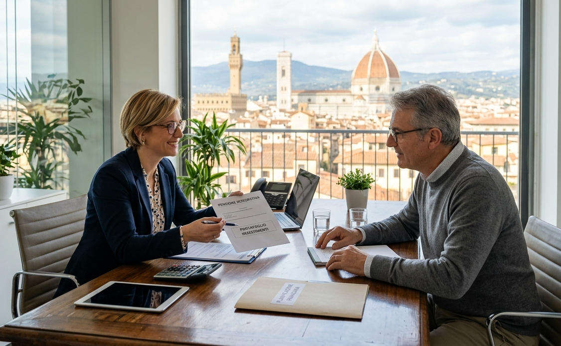 Ufficio moderno con consulente che spiega documenti previdenziali a un lavoratore