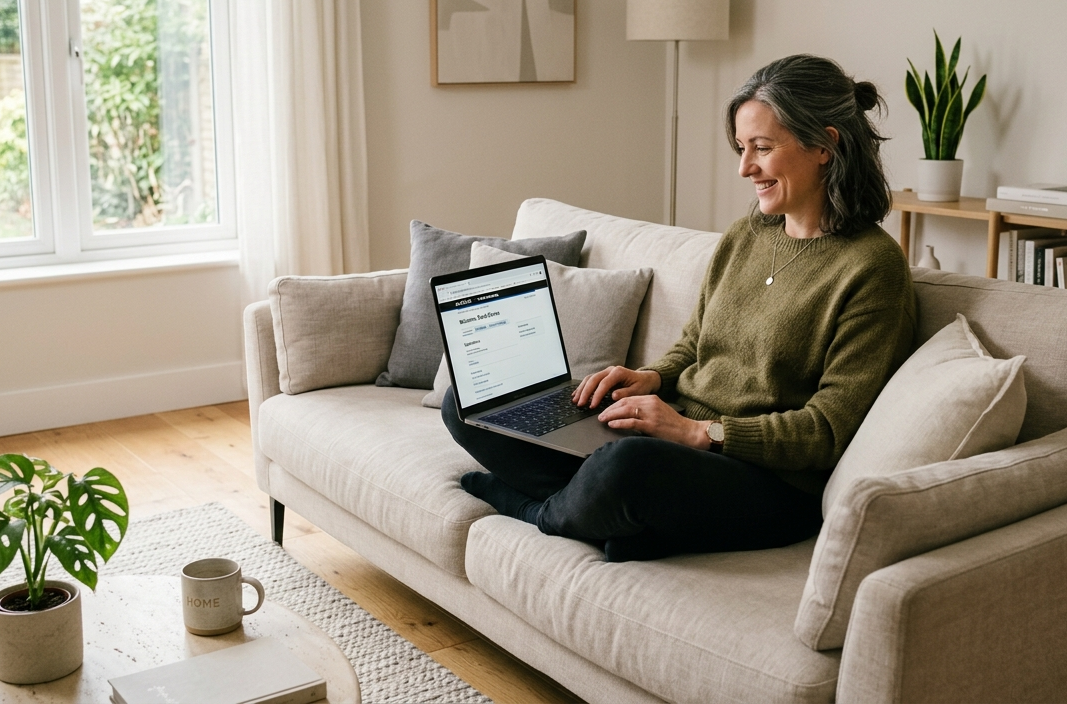 Persona concentrata che consulta il portale INPS su un laptop in un ambiente domestico luminoso