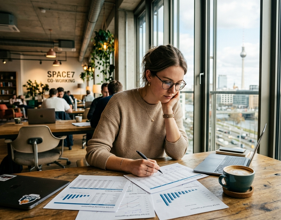 Giovane professionista seduto alla scrivania che studia grafici finanziari con espressione riflessiva