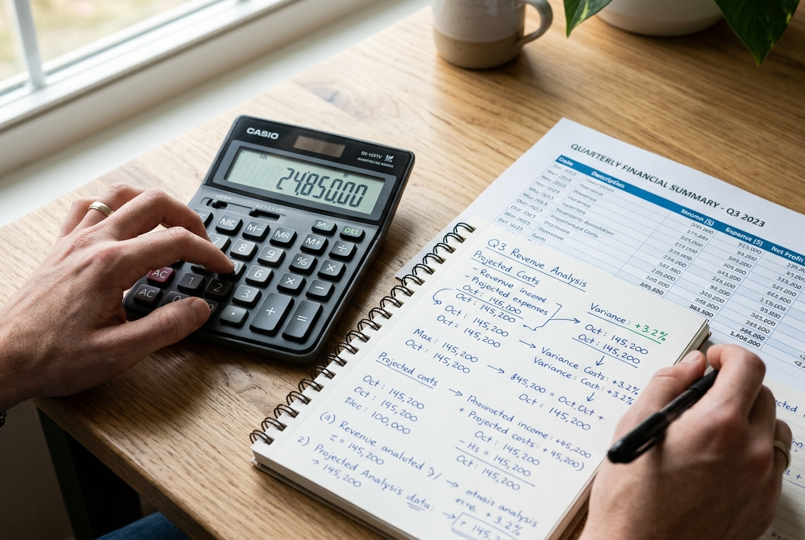 Mani che digitano su una calcolatrice con appunti e grafici sulla scrivania