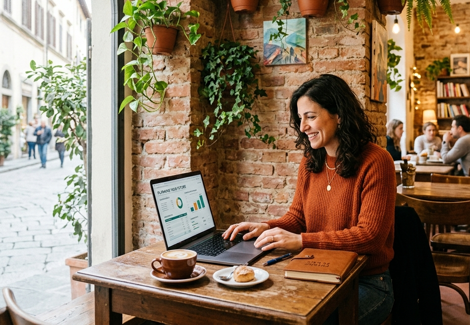 Donna sorridente con laptop in un caffè luminoso che pianifica investimenti
